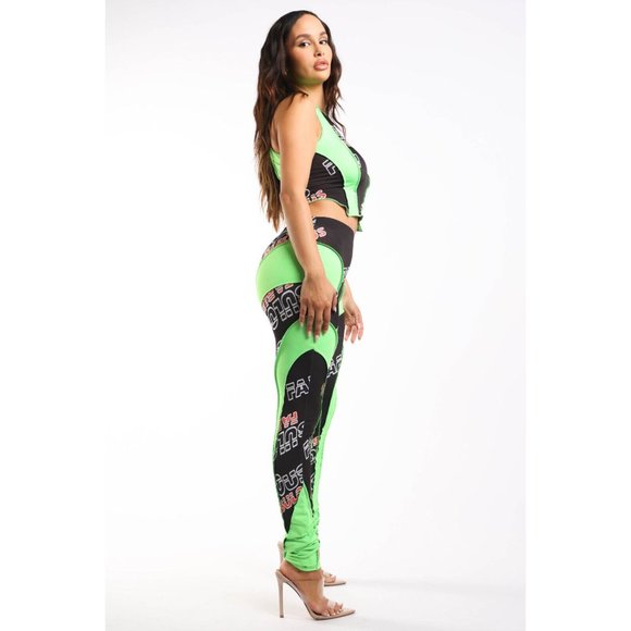 Women's Sleeveless Short Tops & Sports Leggings Fabulous Neon Lime Racer Set - Picture 7 of 9